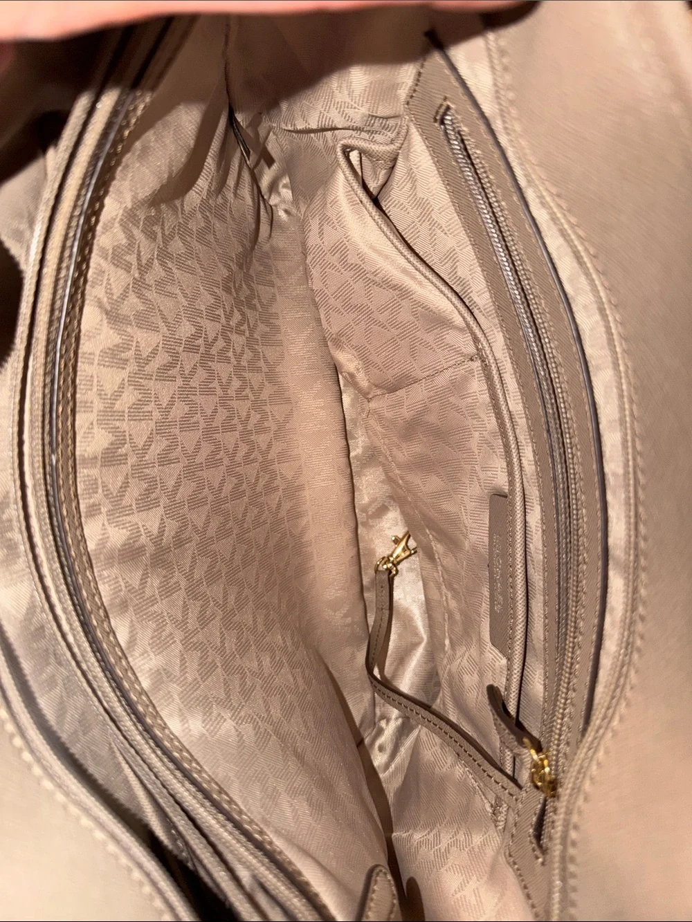 Michael Kors Taupe Leather Saffiano Tote with Gold Charm like new